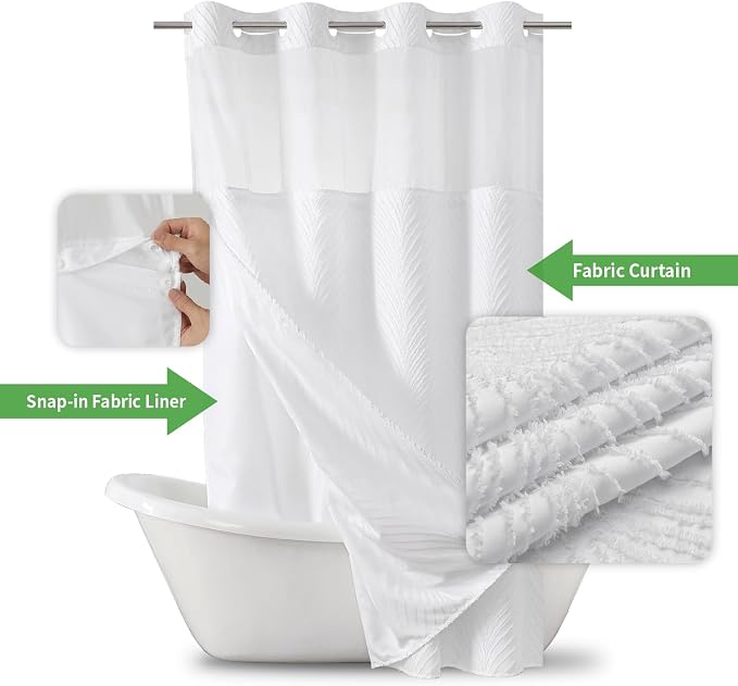 eachope stall no Hook Tufted Shower Curtain with snap in Liner Set, White Waterproof Fabric Inner Liner,Boho Style Shower Curtain with See Through top Window, White, 54Wx80H
