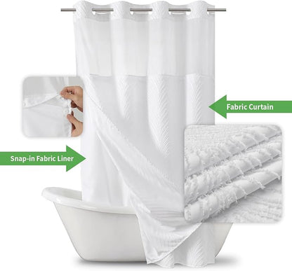 eachope stall no Hook Tufted Shower Curtain with snap in Liner Set, White Waterproof Fabric Inner Liner,Boho Style Shower Curtain with See Through top Window, White, 54Wx80H