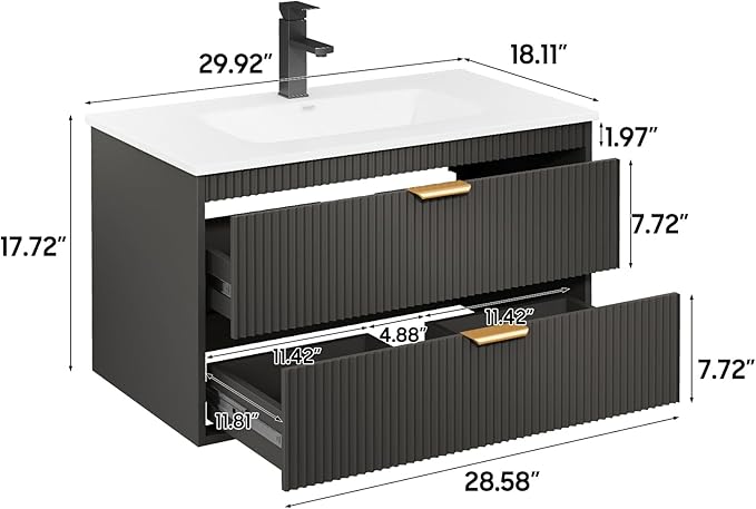 Vabches 30 Inch Bathroom Vanity with Sink, Wood Grain Wall Mounted Vanity with 2 Storage Darwers, Floating Bathroom Vanity with Storage, Bathroom Floating Vanity with Sink, Faucet, Drain, Black
