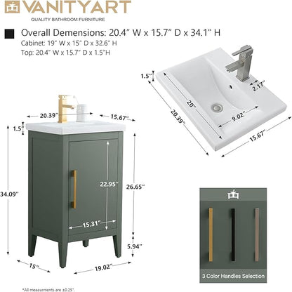 Vanity Art 20 inch Bathroom Vanity with Single Sink & Ceramic Top, Vanity Cabinet with Soft-Closing Doors, Solid Wood Frame, Vintage Green, VA9020-VG-MB1