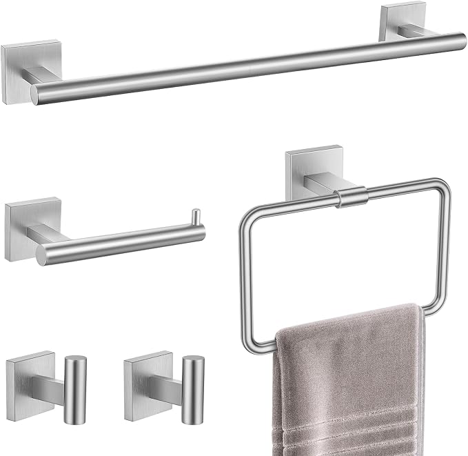 Brushed Nickel Towel Bar Set 5 Pieces Brushed Bathroom Hardware Accessories Set,Towel Holder Set for Bathroom SUS304 Stainless Steel Wall-Mounted Towel Holder Set,23.6 Inch