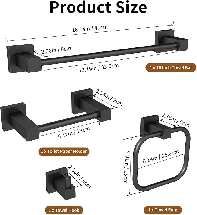 4 Pieces Matte Black Bathroom Hardware Accessories Set, 16 Inch Bath Towel Holder Sets with Toilet Paper Holder, Stainless Steel Towel Racks for Bathroom Wall Mounted