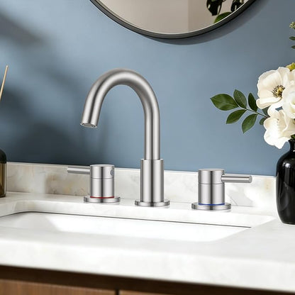 FGKQ Brushed Nickel Bathroom Faucet 3 Hole, 8 inch Widespread Bathroom Faucets for Sink 3 Hole Brushed Nickel with Pop-Up Drain Water Supply Lines