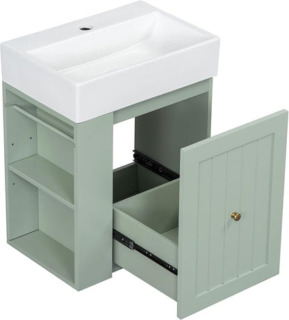 Harper & Bright Designs 20" Bathroom Vanity with Sink, Wall-Mounted Single Basin Vanity Set with One Drawer & Two-Tier Left Side Storage Shelf, Storage Cabinet with Ceramic Basin for Bathroom, Green