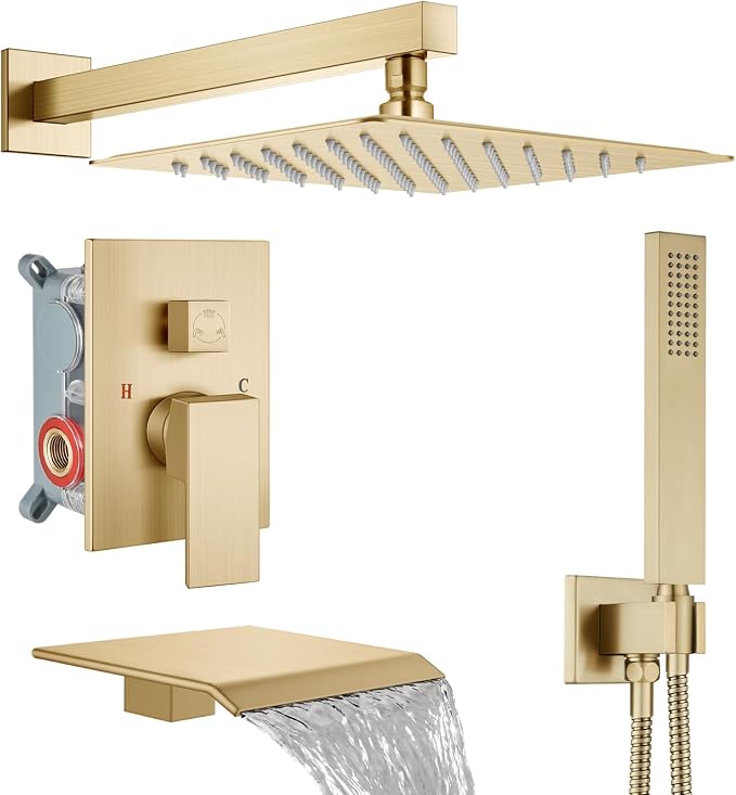 Midanya Shower System with Tub Spout,10 Inch Shower Head,Brushed Gold | with Valve & Trim Kit,Square Rain Head,Handheld Sprayer,Waterfall Spout,All Metal Wall Mount Bathroom Shower Tub Faucet Set