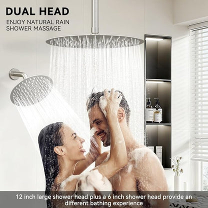 Shower Systems Shower Faucet Sets STARBATH 3 Way 12+6" Round Dual Rainfall Shower Head with Handheld Spray, Ceiling Mounted Rain Shower Valve with 5 Diverter and Trim Kit Complete, Brushed Nickel