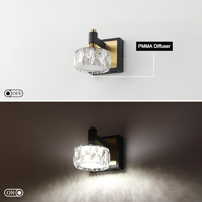 1-Light Wall Sconce, LED Wall-Mounted Light with USB Charging Port, Modern Vanity Light in Black Gold with Crystal Shade for Bathroom, Bedroom, Living Room & Hallway