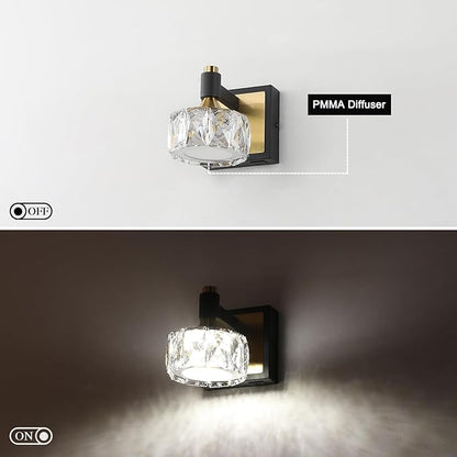 1-Light Wall Sconce, LED Wall-Mounted Light with USB Charging Port, Modern Vanity Light in Black Gold with Crystal Shade for Bathroom, Bedroom, Living Room & Hallway