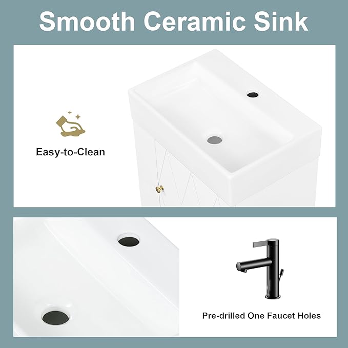 Harper & Bright Designs 20" Bathroom Vanity with Sink, Wall-Mounted Single Basin Vanity Set with Cabinet & Two-Tier Left Side Storage Shelf, Storage Cabinet with Ceramic Basin for Bathroom, White