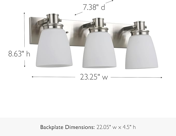 Design House Atkinson Vanity Light, 3-Light, Frosted White Glass Shades, Dimmable, Up/Down Mountable, E26 Socket, Satin Nickel, 23.3 in L x 7.4 in W x 8.6 in H, 589523