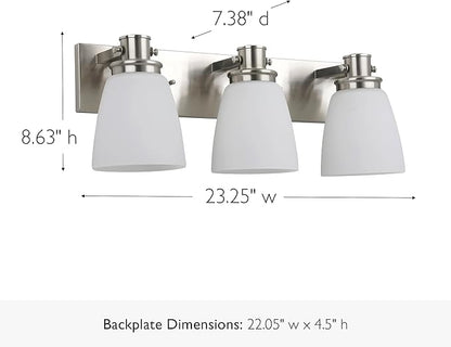 Design House Atkinson Vanity Light, 3-Light, Frosted White Glass Shades, Dimmable, Up/Down Mountable, E26 Socket, Satin Nickel, 23.3 in L x 7.4 in W x 8.6 in H, 589523