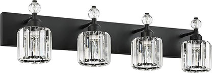 PRESDE Crystal 4- Light Vanity Light for Bathroom，Modern Matte Black Bathroom Lights Fixtures Over Mirror Wall Sconce