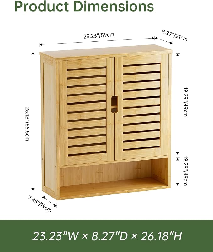 SMIBUY Bathroom Cabinet Wall Mounted, Bamboo Over-The-Toilet Storage Organizer, Space Saver Medicine Cabinet with 2 Door and Adjustable Shelves (Natural)