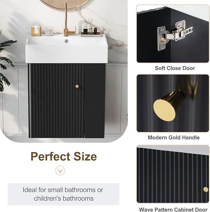 21.6 in Floating Bathroom Vanity with Sink,Soft Closing Doors,Solid Wood Frame & MDF Modern Single Small Black Bathroom Vanity Cabinet with Open Shelf,Wall Mounted