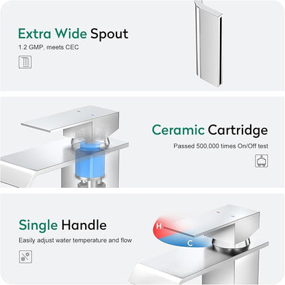CREA Chrome Waterfall Bathroom Faucet 1 Hole,Chrome Bathroom Faucet Single Handle Bathroom Sink Faucet with Pop Up Drain Stopper/ 3 Hole Plate,Stainless Steel RV Vanity Faucet Basin Mixer Tap