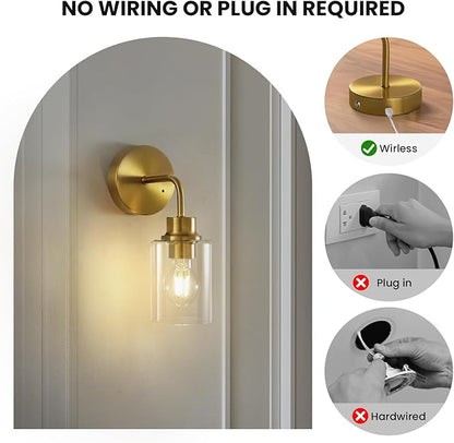 Epinl Battery Operated Wall Sconce Set of Two - Dimmable Wireless Sconces Set of 2 with Remote Control, Cordless Rechargeable Gold Wall Lights 3000K Modern Wall Lamp for Bathroom Bedroom Living Room