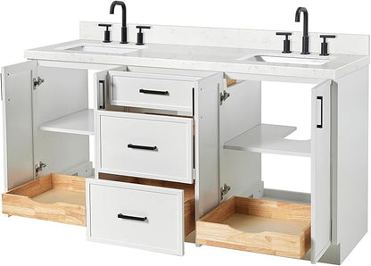ARIEL Kelly 66-inch Bathroom Vanity with Sink,Solid Wood, 1.5-inch Carrara White Quartz Countertop & Backsplash, Double Rectangular Porcelain Sink, 4 Soft Closing Doors, 5 Dovetail Drawers, White