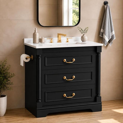 YESHOMY 30" Bathroom Vanity with Sink, Marble-Look Countertop, Black | Freestanding Storage Cabinet with Ceramic Basin, Tilt-Out Drawer and Additional Drawers for Bathroom