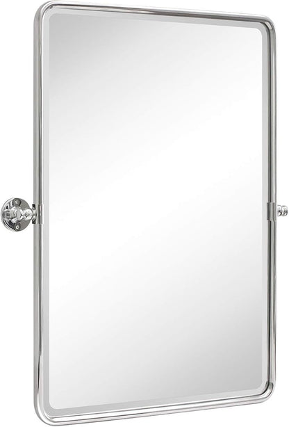 Farmhouse Pivot Rectangle Bathroom Mirror Chrome Metal Framed Tilting Beveled Vanity Mirrors for Wall, Overall 23.91 x 30 inches (Mirrror 20 x 30 inches)