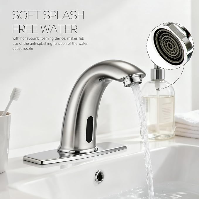 Touchless Bathroom Sink Faucet Automatic Motion Sensor Hands Free Faucet with Hole Cover Plate and Temperature mixing water valve,Commercial Solid Brass Faucet,1 Hole or 3 Hole, AC/DC Powered (Nickel)