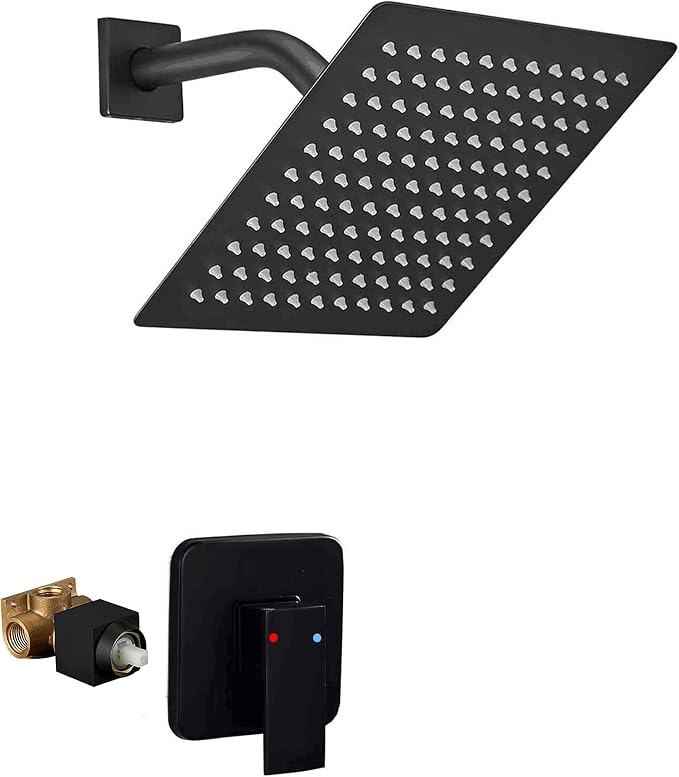 Black Shower Faucet GGStudy Single Function Shower Trim Kit with Rough-in Valve Shower Set Bath Rainfall Shower Faucet System 8inch Square Stainless Steel Metal Shower Head
