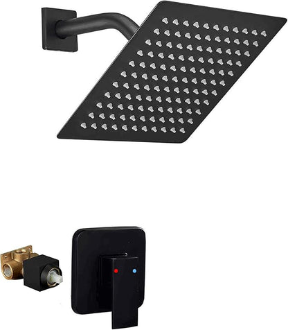 Black Shower Faucet GGStudy Single Function Shower Trim Kit with Rough-in Valve Shower Set Bath Rainfall Shower Faucet System 8inch Square Stainless Steel Metal Shower Head