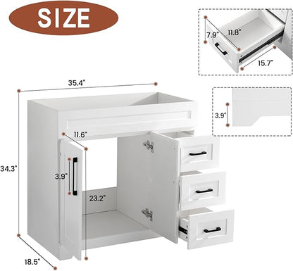 36inch Bathroom Vanity Without Sink,Bathroom Storage Cabinet with 2 Soft Closing Doors & 3 Full Extension Drawers,White