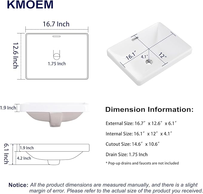Semi Recessed Bathroom Sink 17"x13" Vessel Sink Drop-in White Porcelain Ceramic Modern Rectangular Sinks Basin Vanity Sinks with Overflow for Bathrooms