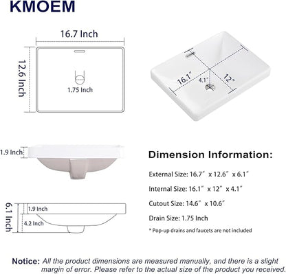 Semi Recessed Bathroom Sink 17"x13" Vessel Sink Drop-in White Porcelain Ceramic Modern Rectangular Sinks Basin Vanity Sinks with Overflow for Bathrooms