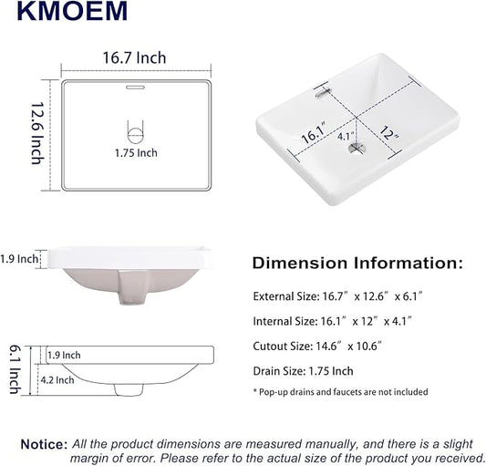 Semi Recessed Bathroom Sink 17"x13" Vessel Sink Drop-in White Porcelain Ceramic Modern Rectangular Sinks Basin Vanity Sinks with Overflow for Bathrooms