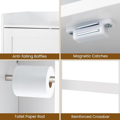 Giantex Over The Toilet Storage Cabinet, 32.5"W Freestanding Space Saver with Sliding Door, Toilet Paper Holder & Adjustable Shelves, Over Toilet Bathroom Organizer for Restroom & Laundry Room, White