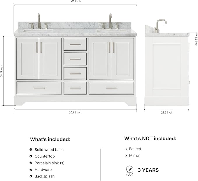 ARIEL Stafford 60-inch Bathroom Vanity with Sink,Solid Wood, 1.5-inch Italian Carrara Marble Countertop, Double Rectangular Porcelain Sink, 4 Soft Closing Doors, 6 Dovetail Drawers, White