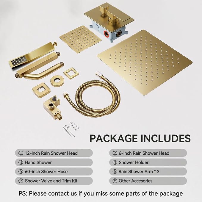Shower System Shower Faucet Set, STARBATH 12"+6" Ceiling Mount Rain Shower Head and Handheld Spray for Two Person, Rainfall Shower System with Diverter Valve and Trim Kit Complete,Brushed Gold