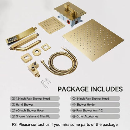 Shower System Shower Faucet Set, STARBATH 12"+6" Ceiling Mount Rain Shower Head and Handheld Spray for Two Person, Rainfall Shower System with Diverter Valve and Trim Kit Complete,Brushed Gold