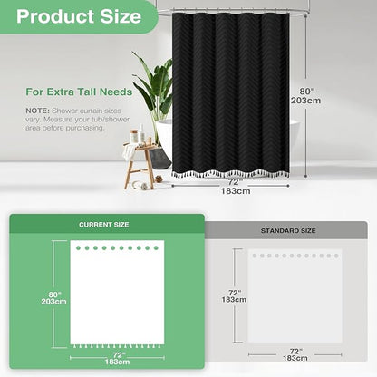 Dynamene 80 Inches Long Shower Curtain, Boho Tufted Chevron Striped Tall Cloth Shower Curtains for Bathroom Decor, Large Hotel Spa Luxury Shower Curtain Set with Hooks, Wrinkle Free, Black, 72x80