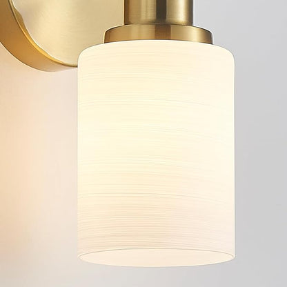 2-Light Vanity Lights, Brushed Gold Bathroom Light Fixture with Striped Textured Milky White Glass Shade, Modern Vanity Lighting Fixture for Bathroom Wall Light Over Mirror, E26 Wall Sconce