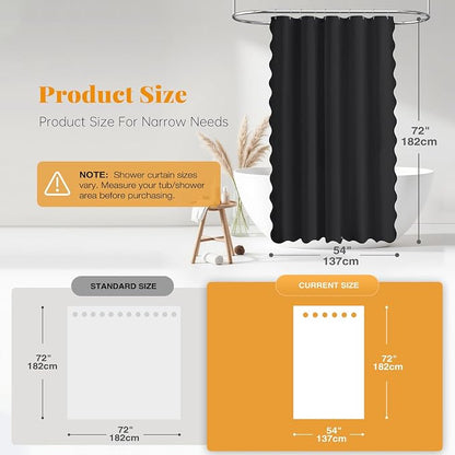 BTTN Narrow Boho Scalloped Linen Textured Shower Curtain Set, 54x72, Black | Small Size, 230GSM Waterproof Polyester, Heavy Duty Fabric, 10 Plastic Hooks, Chic Modern Farmhouse Style, Machine Washable
