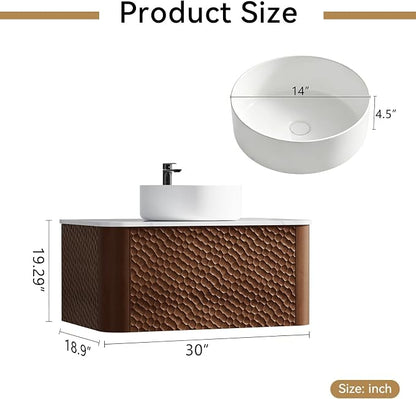 30 Inch Modern Bathroom Vanity with Ceramic Sink, Floating Bathroom Vanity Cabinet with Sintered Stone Top&Solid Wood Hammered Frame, Single Sink Bathroom Vanities w/Soft-Close Drawers,Walnut
