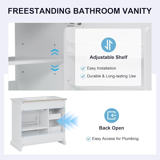 36" Bathroom Vanity with Ceramic Sink,Freestanding Storage Cabinet w/Soft-Close Door and 2 Tip-Out & 2 Drawers,Undermount Single Basin Bath Vanity Set w/Adjustable Shelf,White