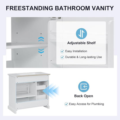 36" Bathroom Vanity with Ceramic Sink,Freestanding Storage Cabinet w/Soft-Close Door and 2 Tip-Out & 2 Drawers,Undermount Single Basin Bath Vanity Set w/Adjustable Shelf,White