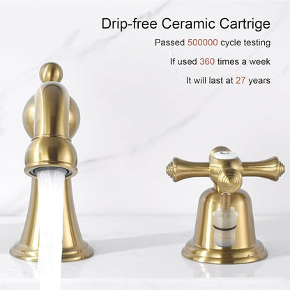 RKF Bathroom Faucets for Sink 3 Hole Gold 8 inch Widespread Bathroom Sink Faucet with Drain 2 Handles Cross Knobs Faucet Bathroom Vanity Faucet Basin Mixer Tap CWF033-BG