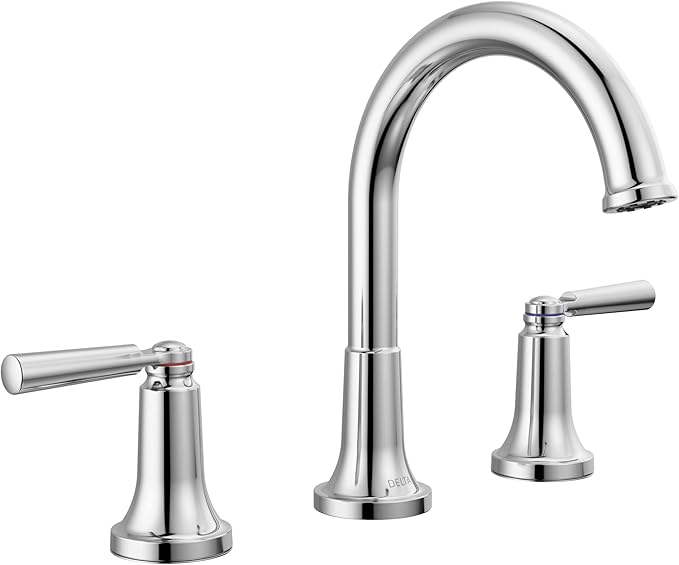 Delta Saylor Chrome Bathroom Faucet 3 Hole, 8 Inch Widespread Bathroom Sink Faucet for Vanity, Metal Push-Pop Drain Assembly, Chrome 3535-MPU-DST