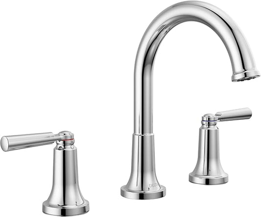 Delta Saylor Chrome Bathroom Faucet 3 Hole, 8 Inch Widespread Bathroom Sink Faucet for Vanity, Metal Push-Pop Drain Assembly, Chrome 3535-MPU-DST