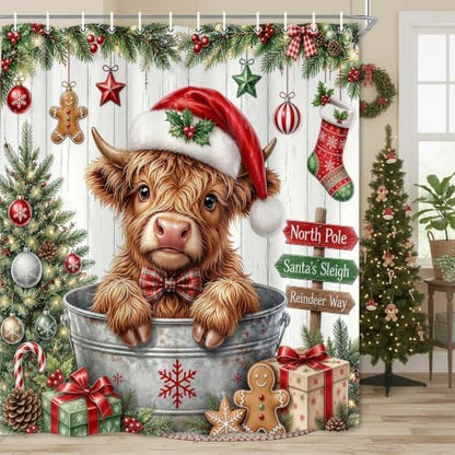 Christmas Highland Cow Shower Curtain Cute Farmhouse Bathroom Decor 72x72in
