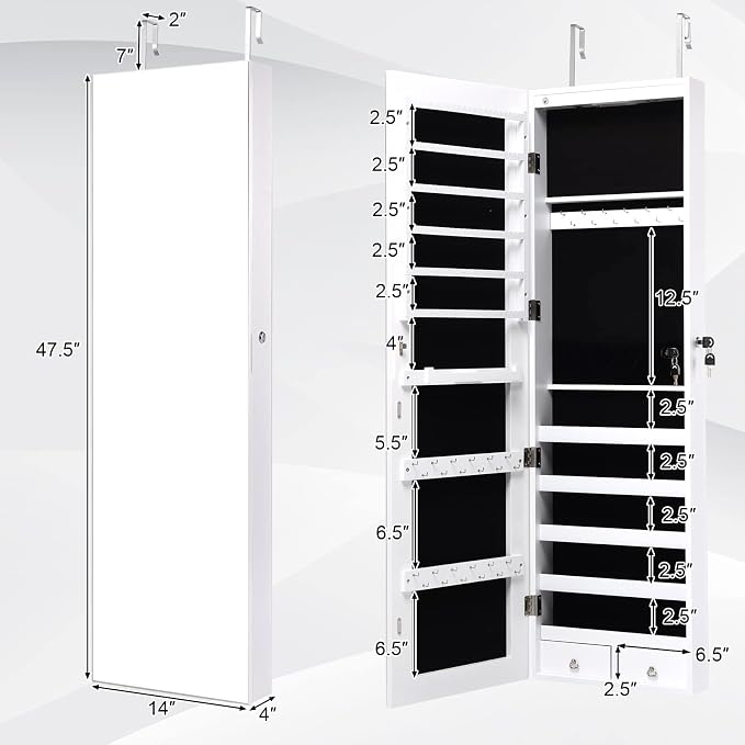 COSTWAY Wall Mounted Jewelry Armoire with Full Length Mirror & 2 LED Lights, Large Storage Capacity, Lockable Mirror Jewelry Cabinet for Women Girls (White)