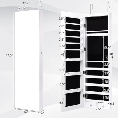 COSTWAY Wall Mounted Jewelry Armoire with Full Length Mirror & 2 LED Lights, Large Storage Capacity, Lockable Mirror Jewelry Cabinet for Women Girls (White)