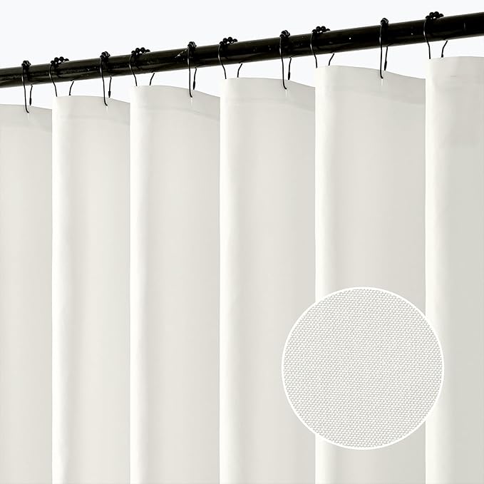 ANRODUO White Linen Textured Fabric Shower Curtain Set - W70xL72 | Farmhouse Shower Curtain with 12 Metal Hooks, Waterproof Heavy Duty, Button Hole Design, Machine Washable for Bathroom