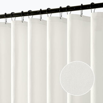 ANRODUO White Linen Textured Fabric Shower Curtain Set - W70xL72 | Farmhouse Shower Curtain with 12 Metal Hooks, Waterproof Heavy Duty, Button Hole Design, Machine Washable for Bathroom