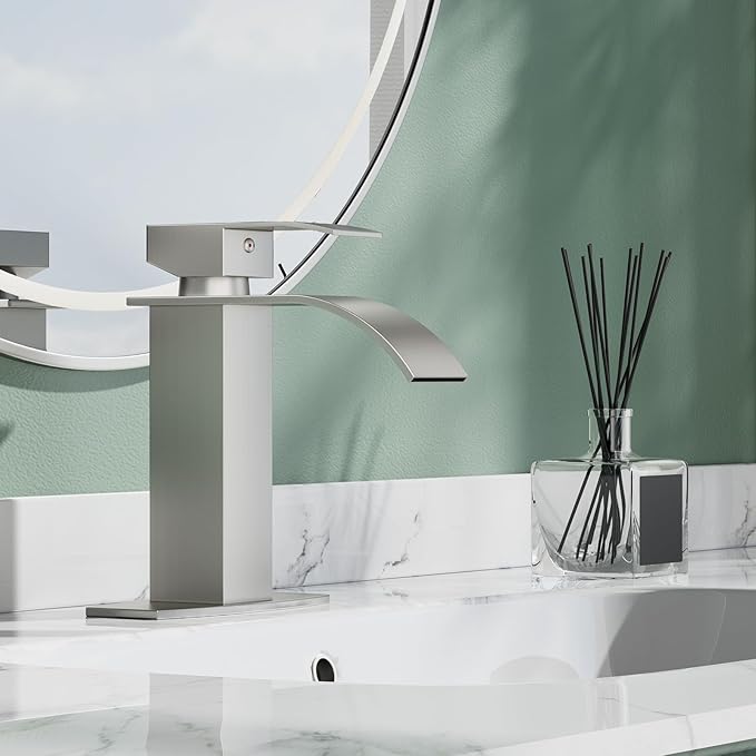 Hoimpro Brushed Nickel Waterfall Bathroom Faucet with cUPC Supply Lines, Single Hole Single Handle Bathroom Sink Faucet with Pop up Drain, Vanity Faucet with Deck Plate, Brushed Nickel(1 or 3 Hole)