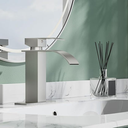 Hoimpro Brushed Nickel Waterfall Bathroom Faucet with cUPC Supply Lines, Single Hole Single Handle Bathroom Sink Faucet with Pop up Drain, Vanity Faucet with Deck Plate, Brushed Nickel(1 or 3 Hole)